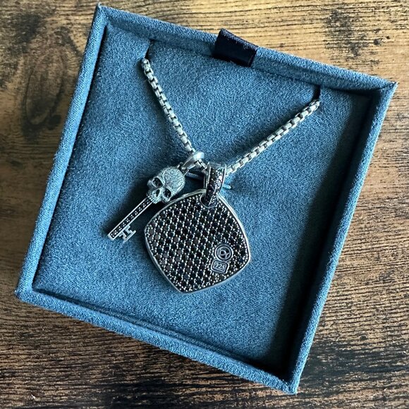 David Yurman Chevron Pendant & Skull Key Pendant w/ Pavé Black Diamonds Necklace - Picture 3 of 16